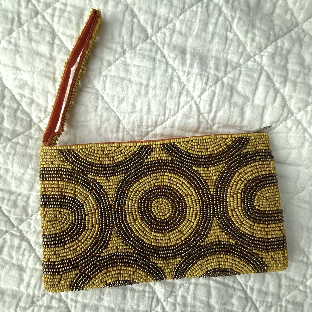 NWOT Beaded Yellow and Brown Clutch made in Mexico